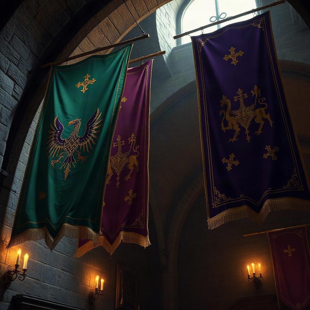 Heraldic banners in a stone hall