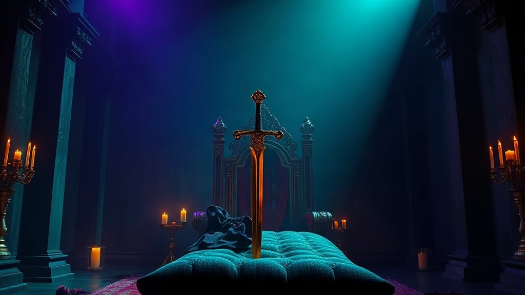 Golden blade resting in a candlelit throne room